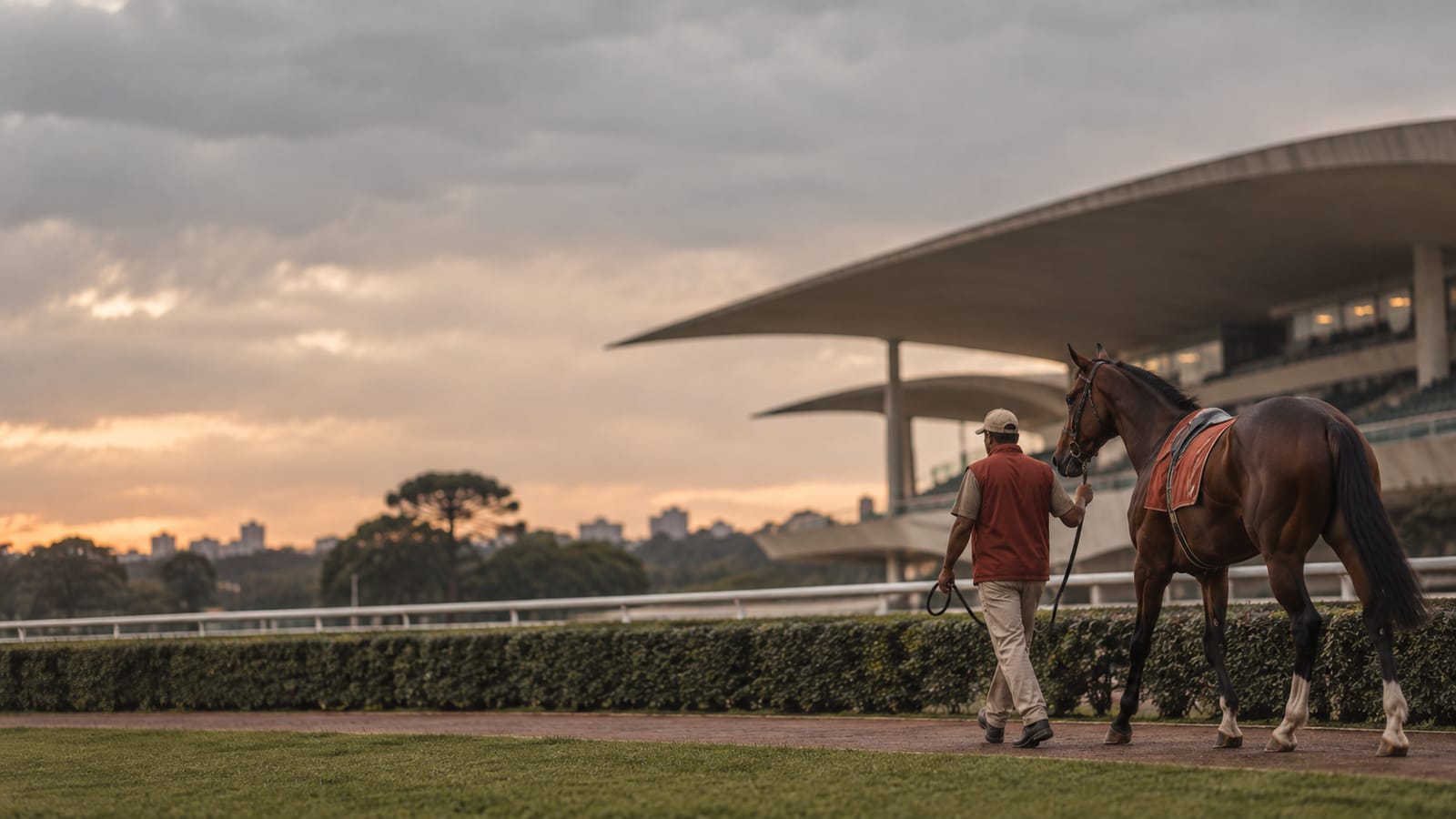 Cavalariço conduz um cavalo de corrida pelo paddock diante de uma arquibancada modernista com marquises